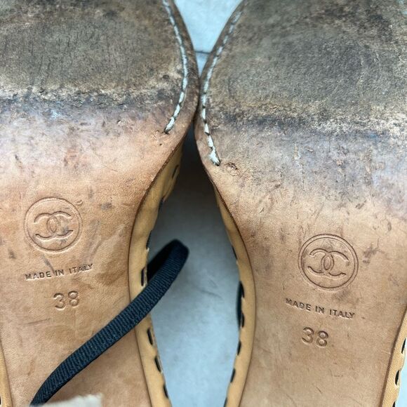 CHANEL Black Satin D'Orsay Sandals Interlocking Pearl CC Logo Lace Up 38 - Picture 11 of 14